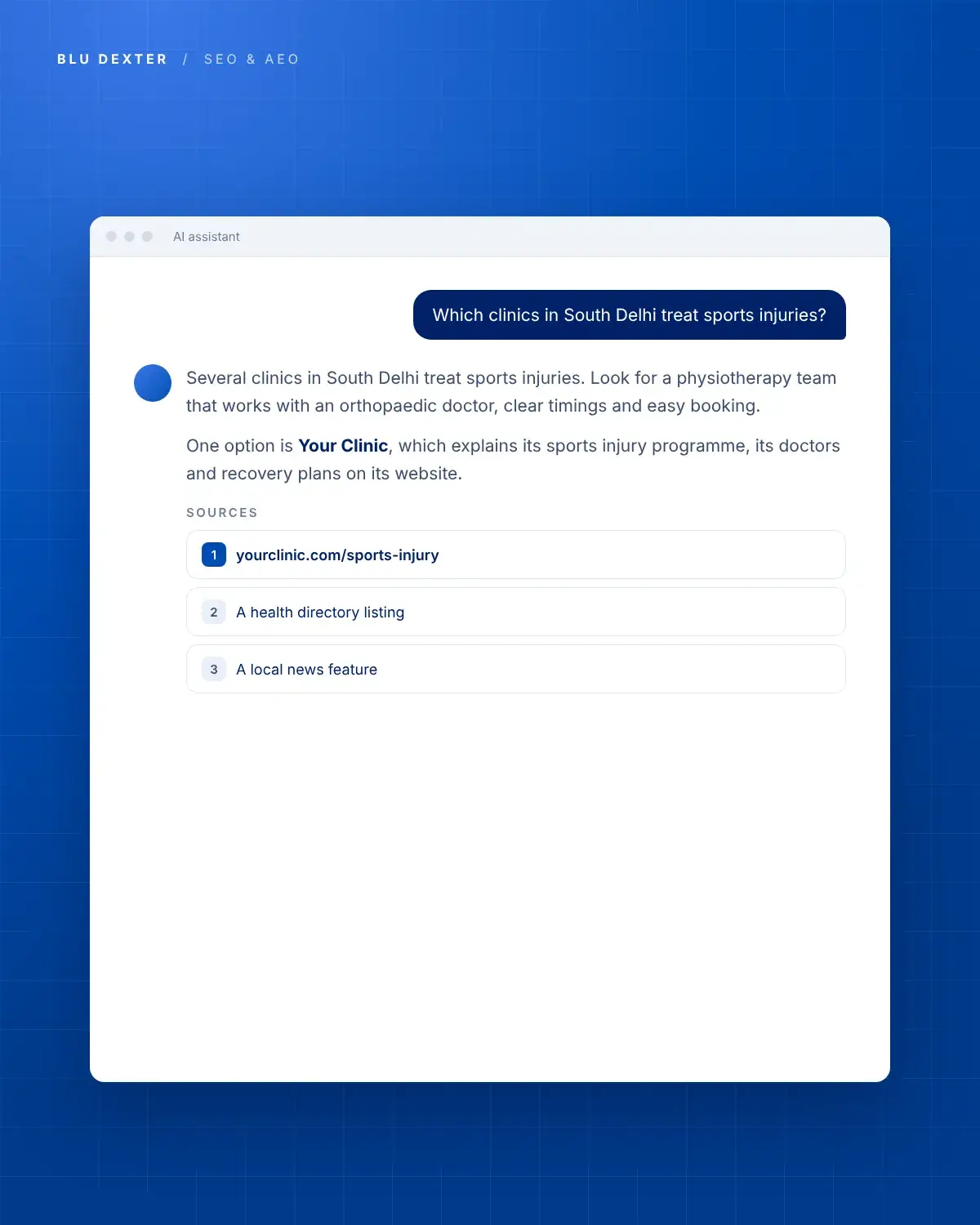 Step 4, AI Answers: AI assistant answer citing a clinic website as its source