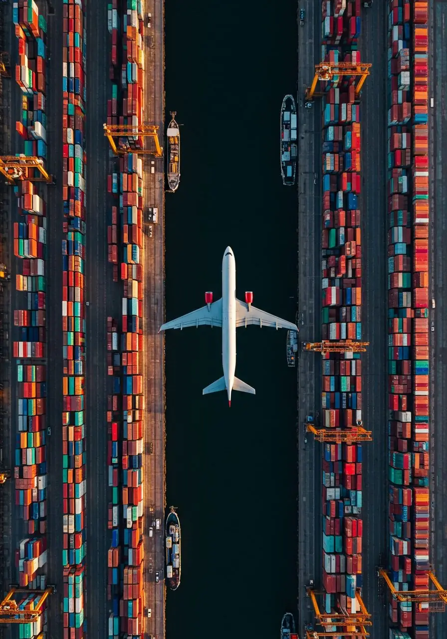 Aerial view of an aircraft over rows of shipping containers