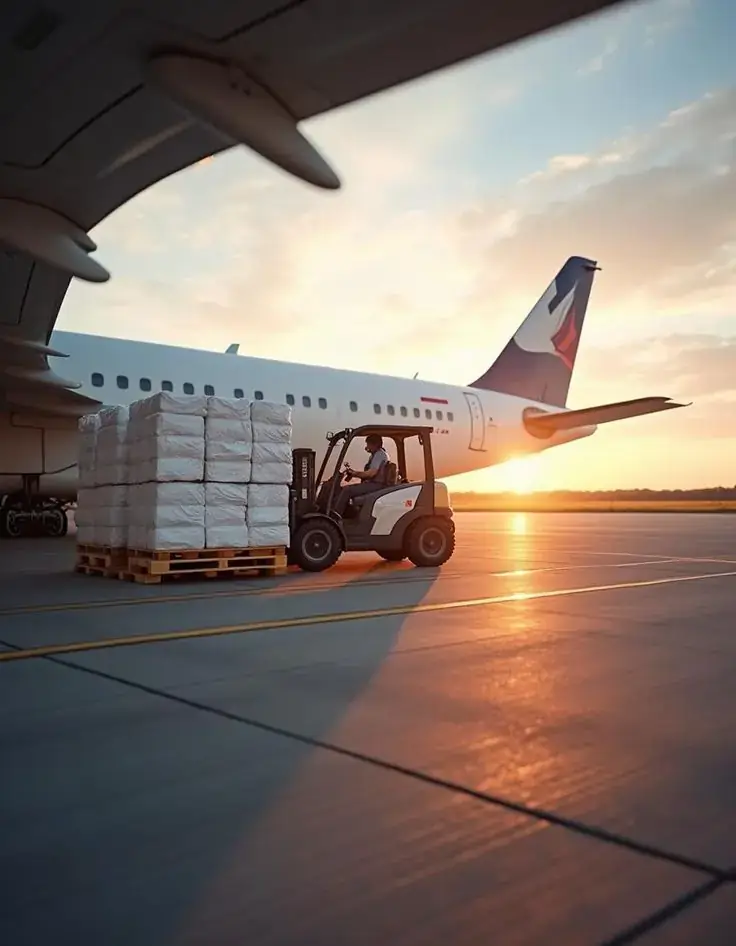 Forklift loading export cargo beside an aircraft at sunrise