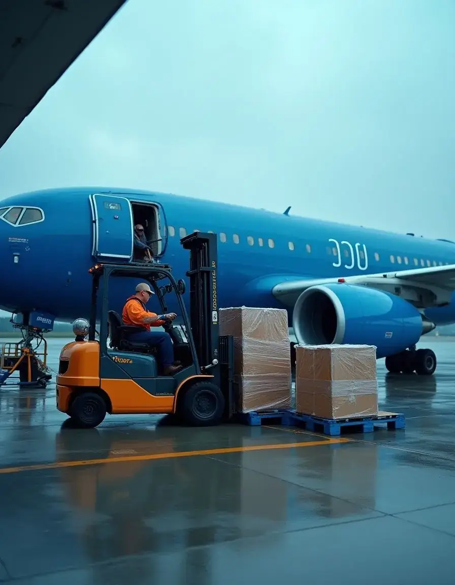 Forklift loading cargo beside an aircraft