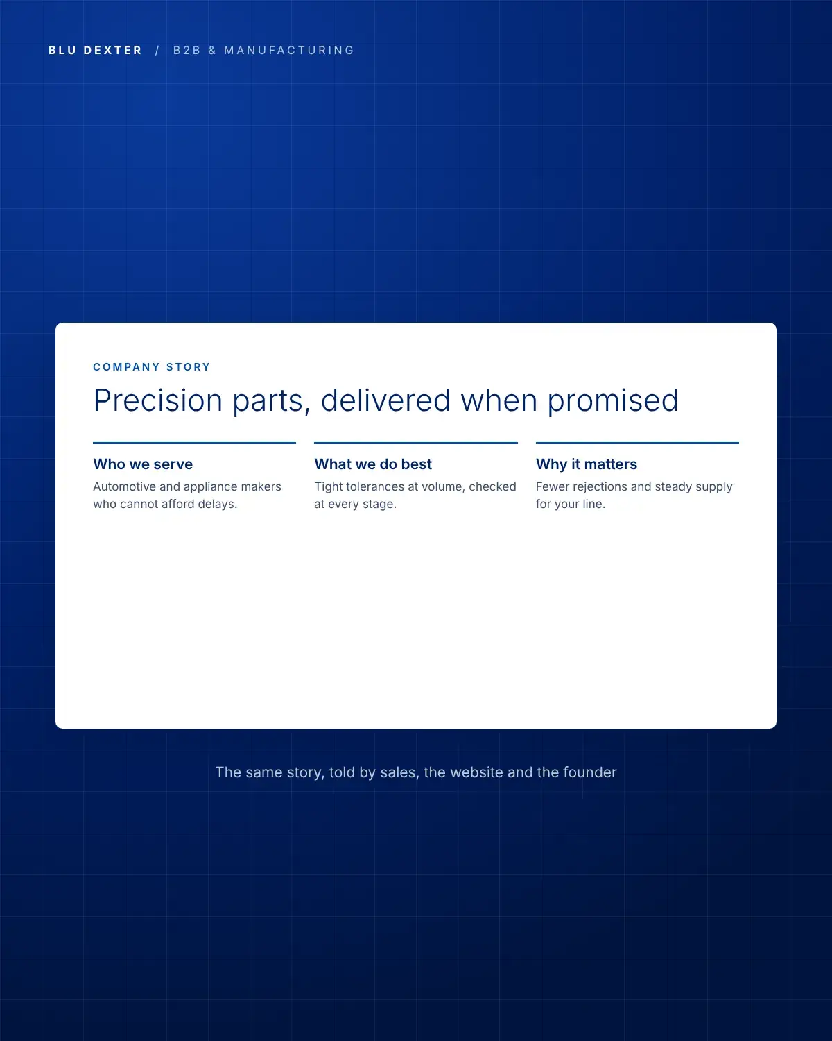 Step 1, Company Story: Company story slide for a manufacturer