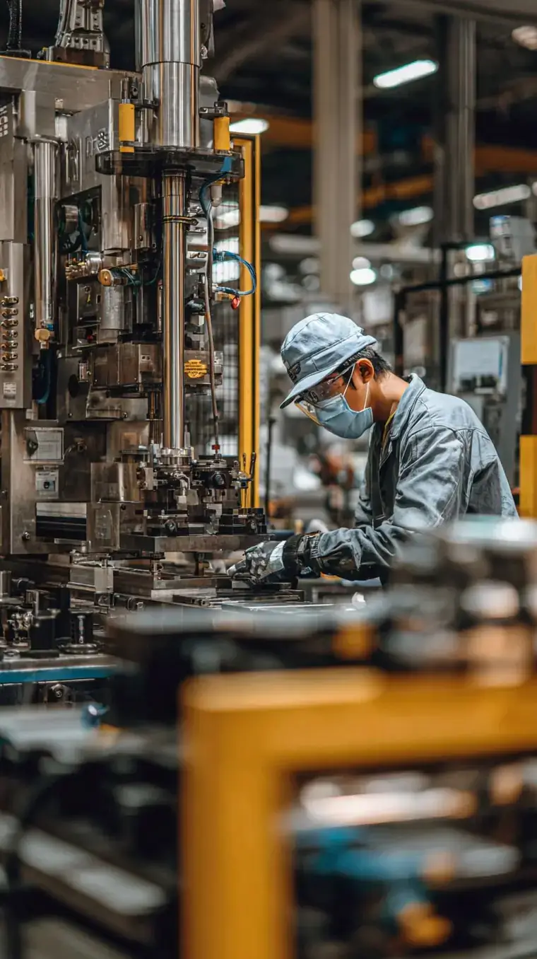 Technician operating precision machinery on a manufacturing floor