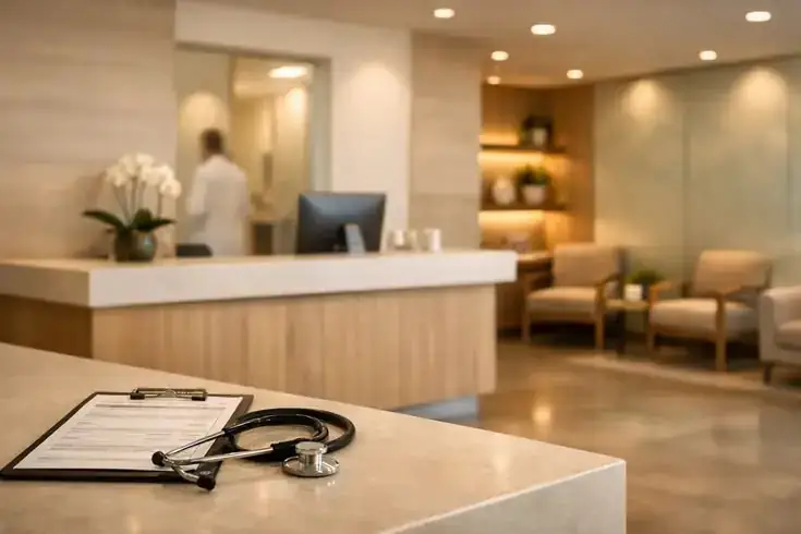 Clinic reception with a stethoscope and patient form on the counter