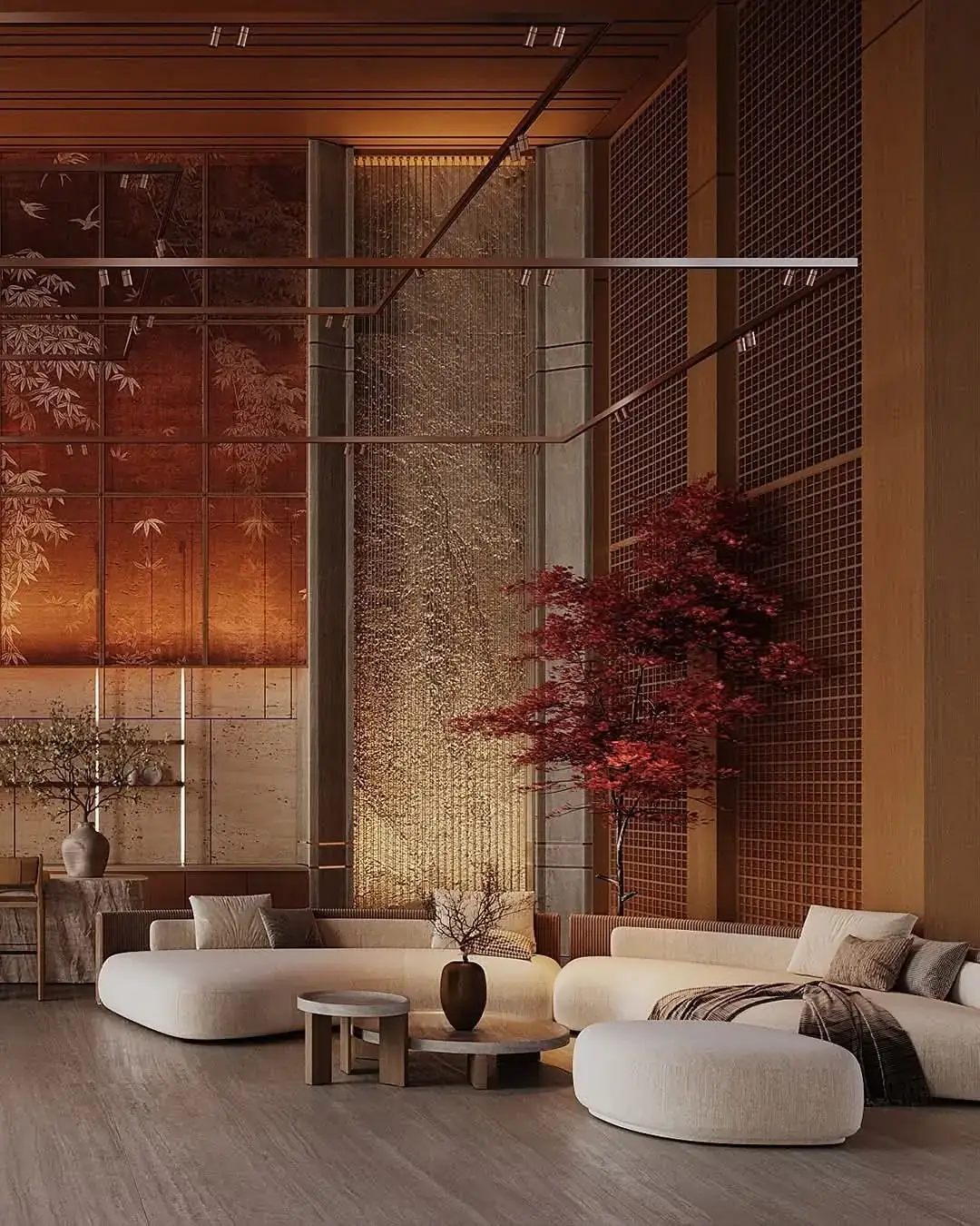 Double-height clubhouse lounge with a red maple tree