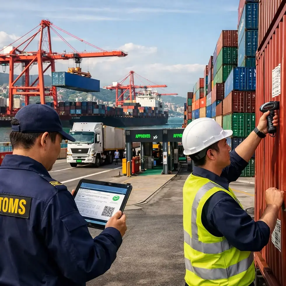 Customs officer and inspector checking a container at a port