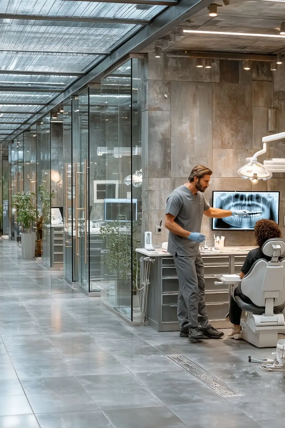 Dentist explaining an X-ray to a patient in the chair