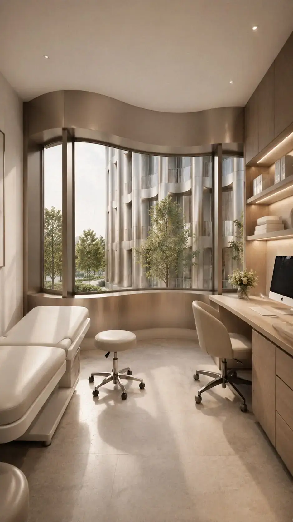 Calm consultation room with a treatment bed and desk