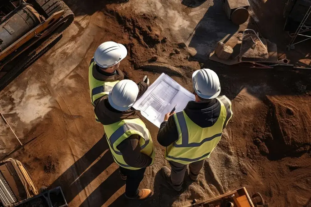 Three engineers in hard hats reviewing plans on a site