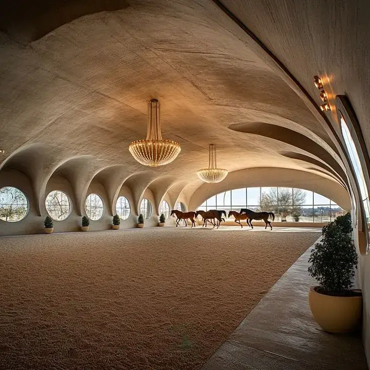 Horses in a vaulted indoor equestrian arena with chandeliers