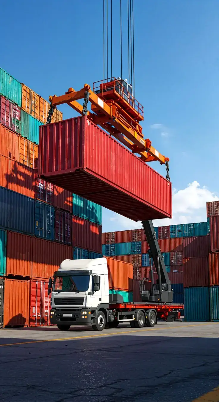 Crane loading a red shipping container onto a truck at a container port