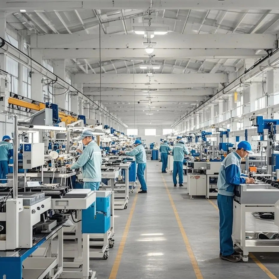 Workers at stations along a factory assembly line