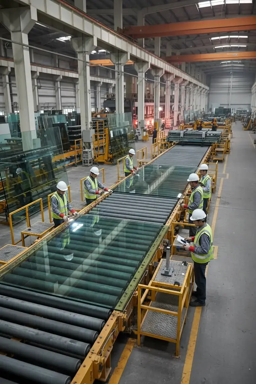Workers inspecting glass sheets in a manufacturing plant