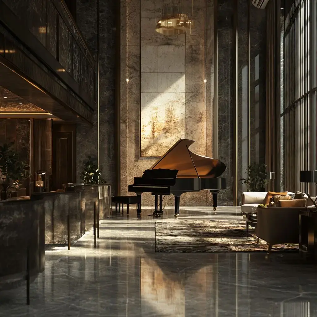 Grand marble lobby with a piano and lounge seating