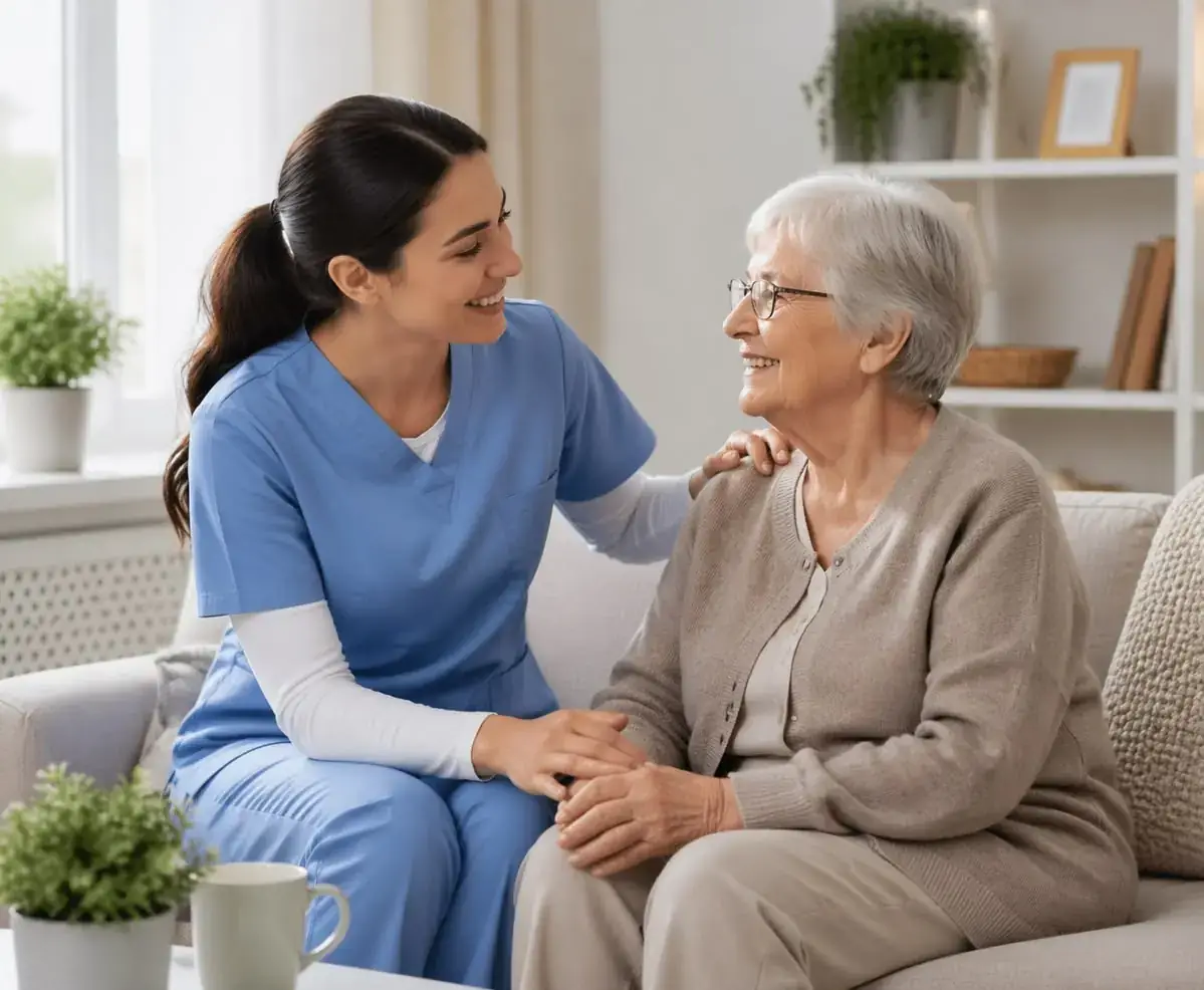 Home care nurse sitting with an elderly woman
