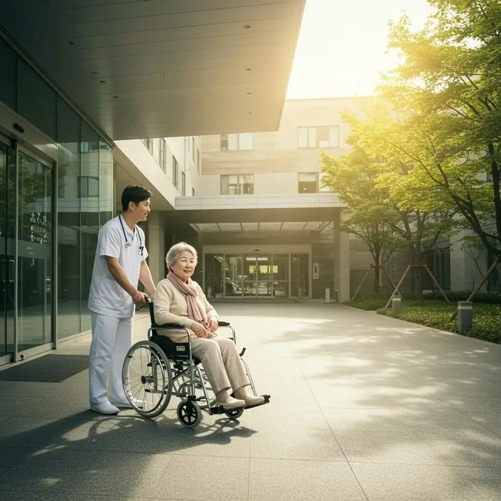 Caregiver with an elderly patient at a hospital entrance