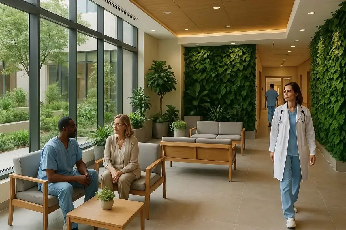 Hospital lounge with a green wall and a doctor walking by