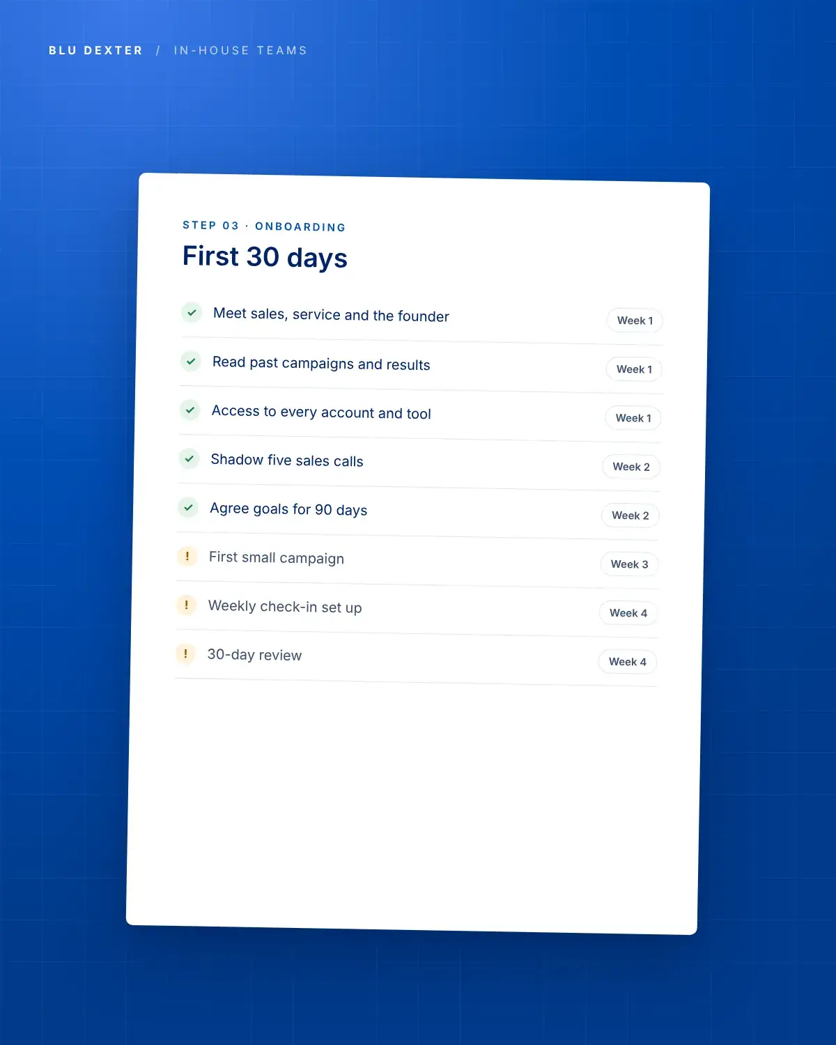 Step 3, Onboarding: First 30 days checklist