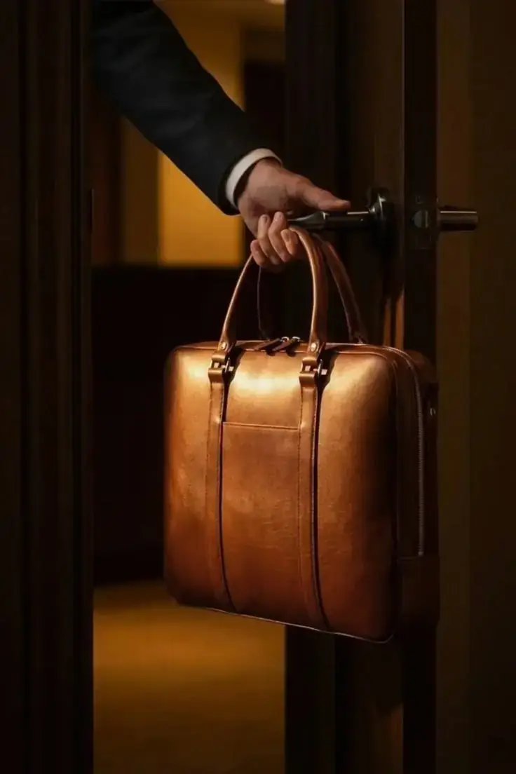 Leather briefcase on a desk