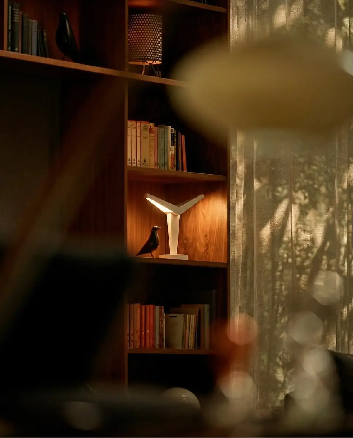 Lit bookshelf with a sculptural lamp in a quiet study