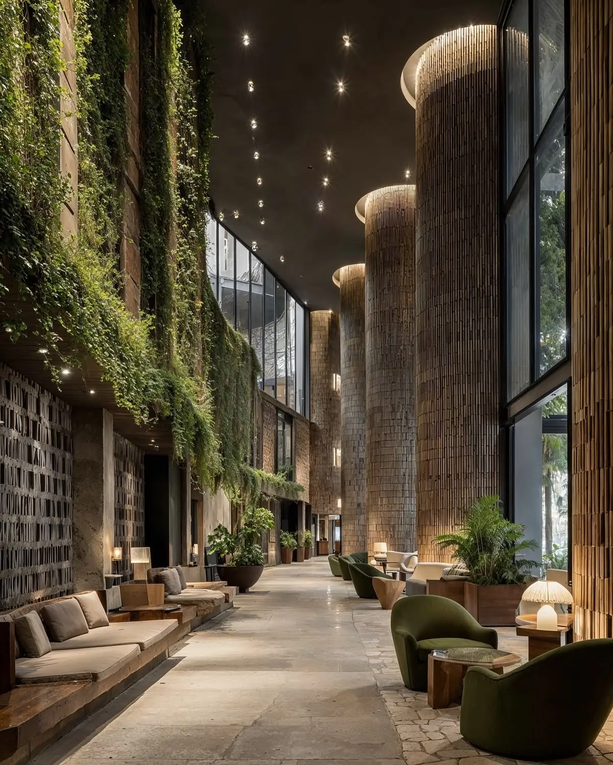 Tall lobby with green walls and timber-clad columns