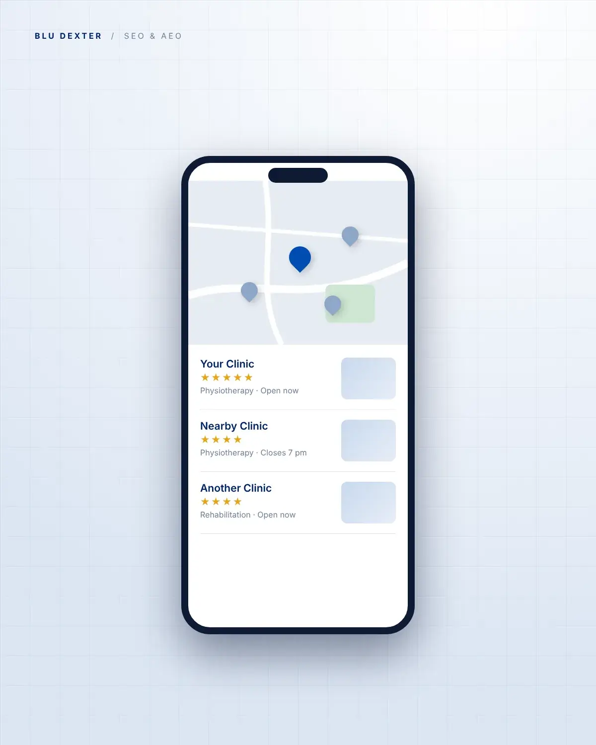 Step 3, Local Search: Local map results on a phone with a clinic listed first