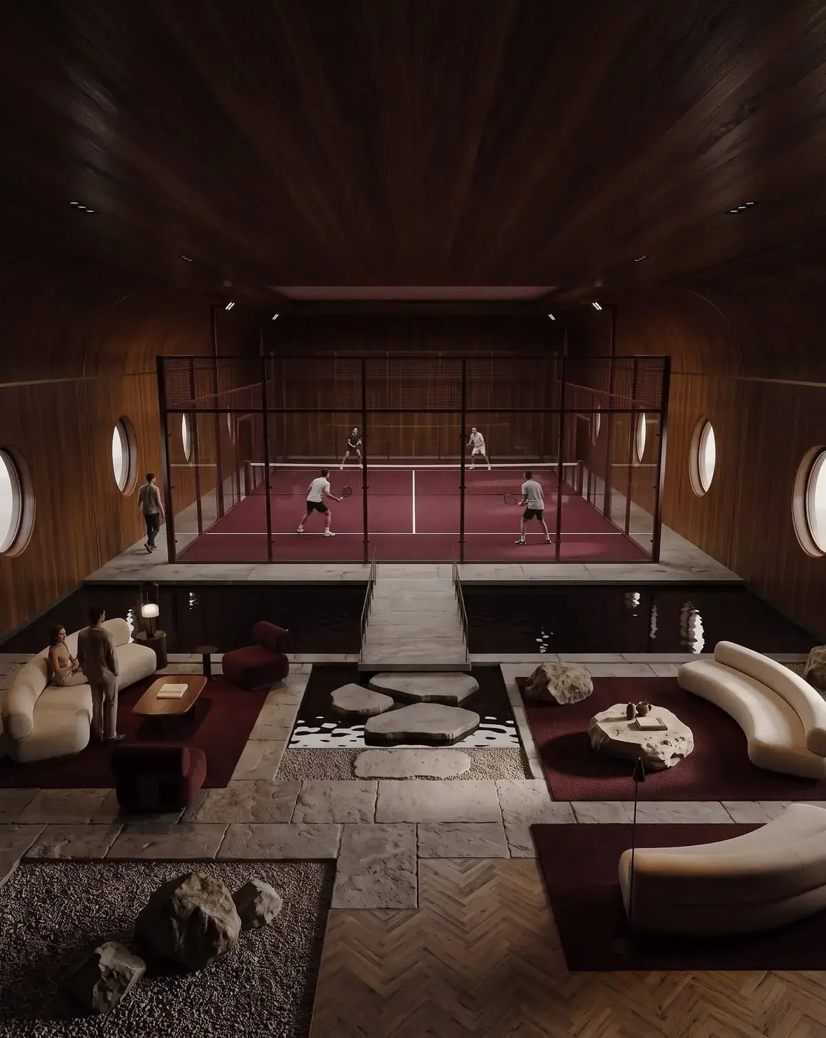 Luxury clubhouse lounge overlooking an indoor padel court