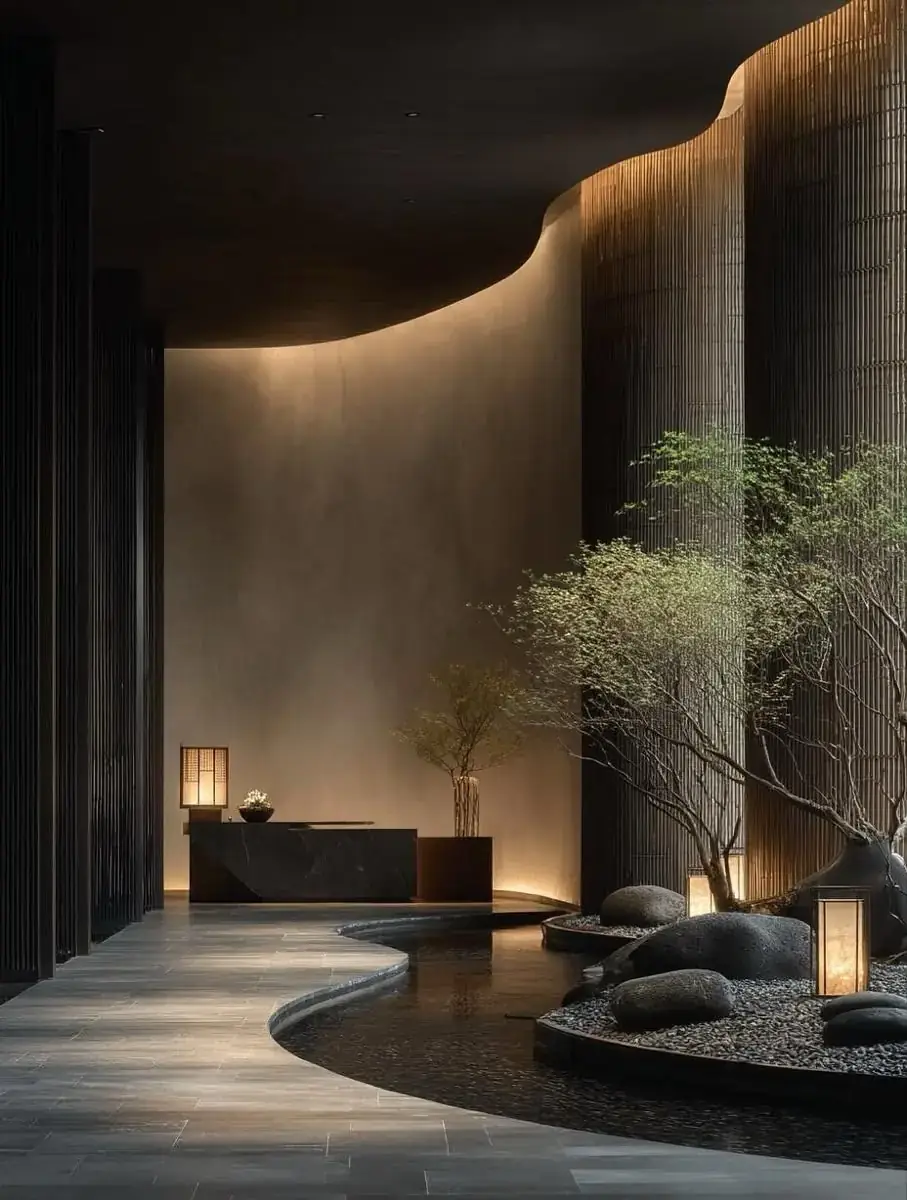 Calm lobby with a curved wall, water garden and lanterns