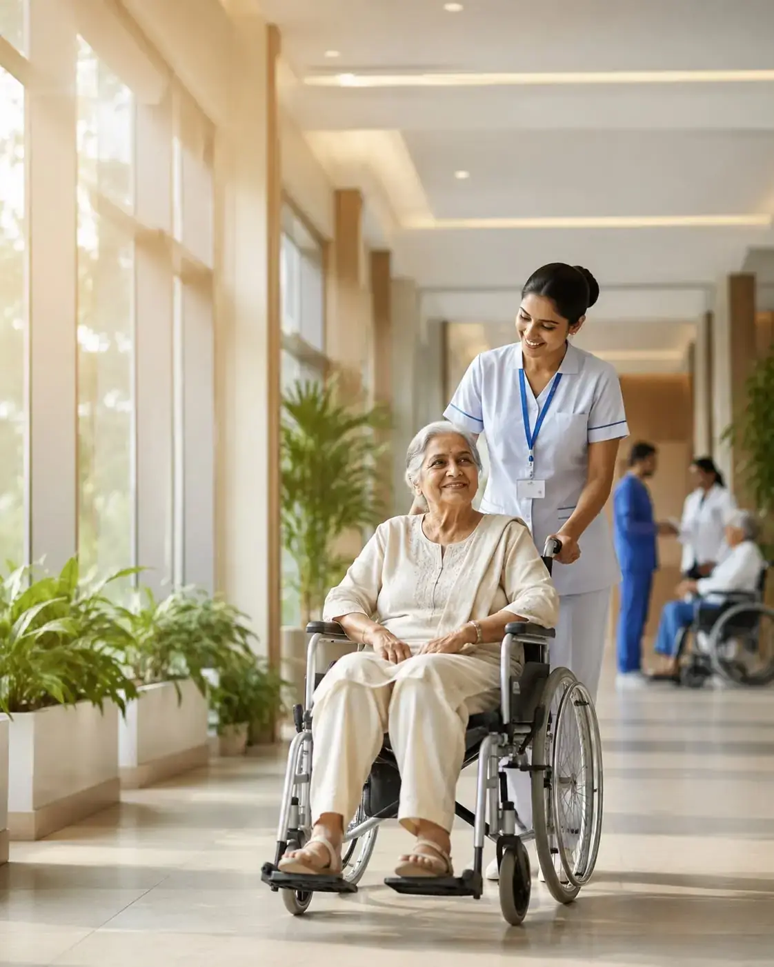 Nurse helping a smiling senior patient in a wheelchair