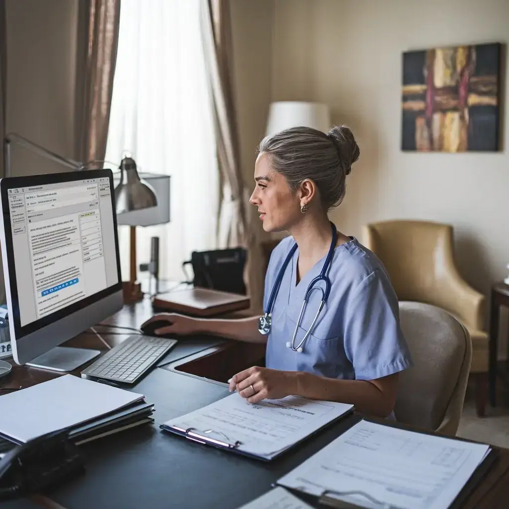 Nurse reviewing patient records at a desk
