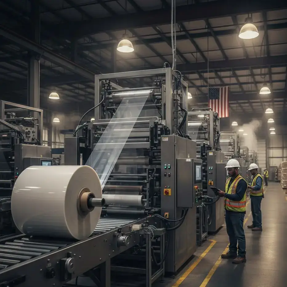 Engineers checking a packaging film production line