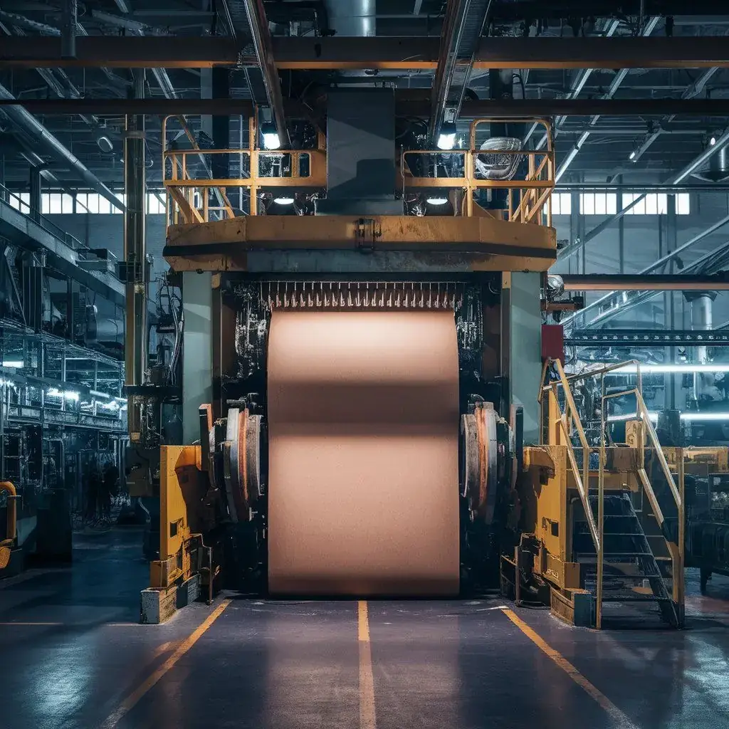 Large paper roll on a production machine in a mill