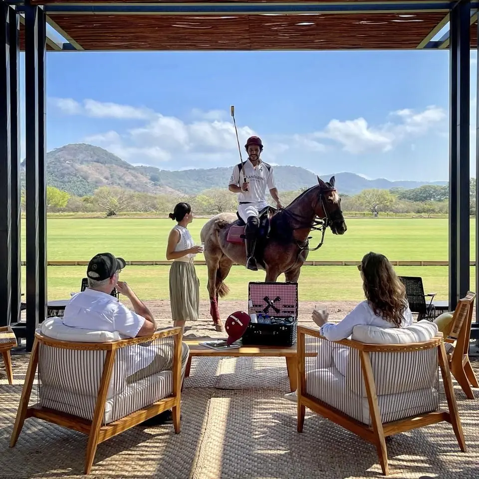 Guests in a club lounge overlooking a polo field
