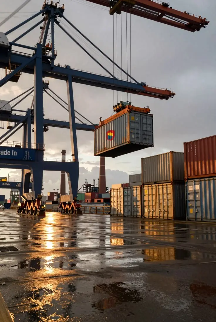 Gantry cranes lifting containers at a port terminal at sunset