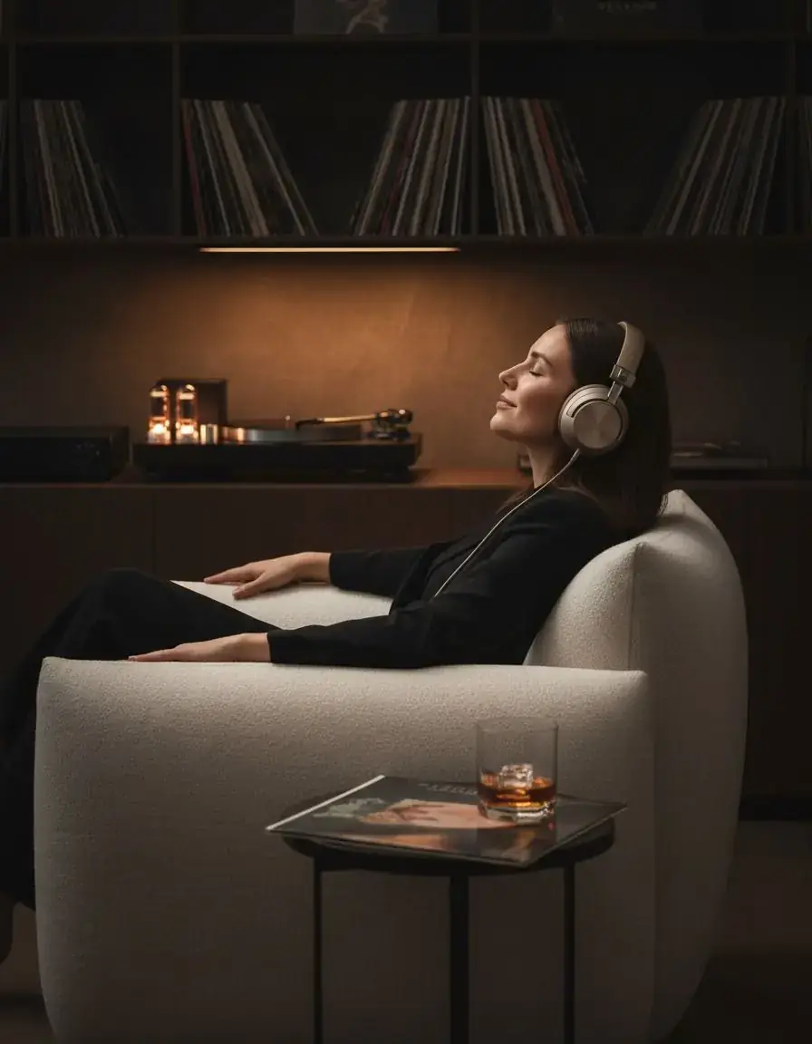 Woman relaxing with headphones in a premium lounge