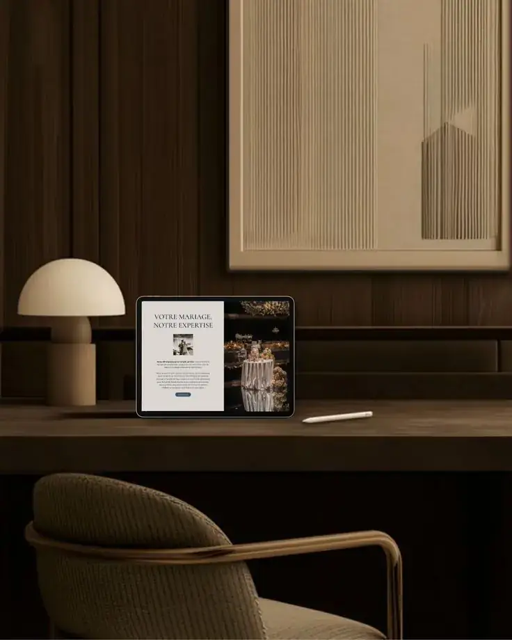 Tablet showing an elegant website design on a dark desk