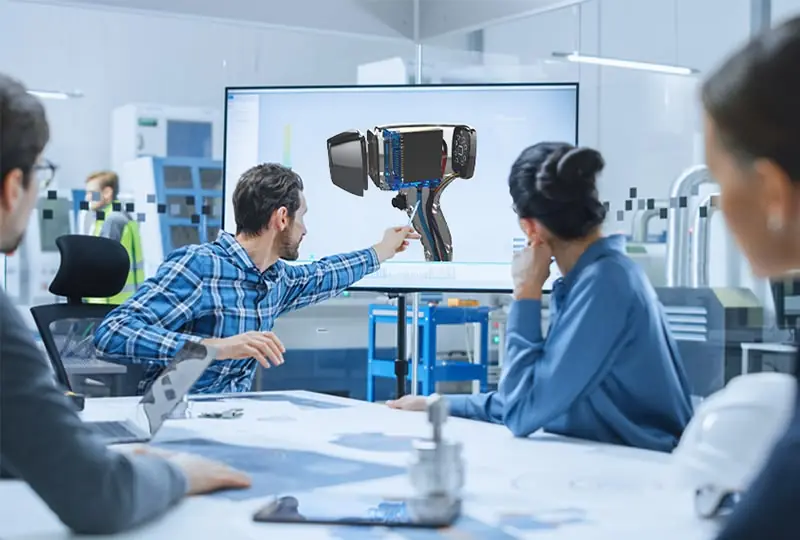 Engineering team reviewing a product design on a large screen