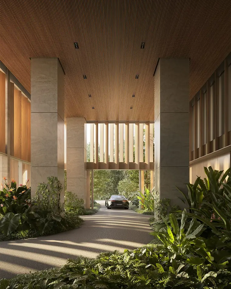 Landscaped entrance driveway of a luxury residential project