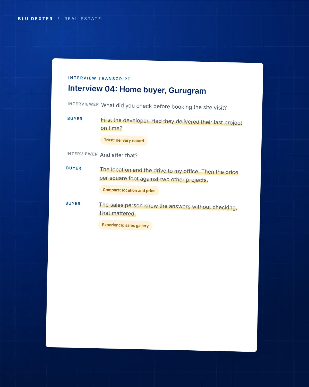 Step 1, Buyer Research: Home buyer interview transcript with key quotes highlighted