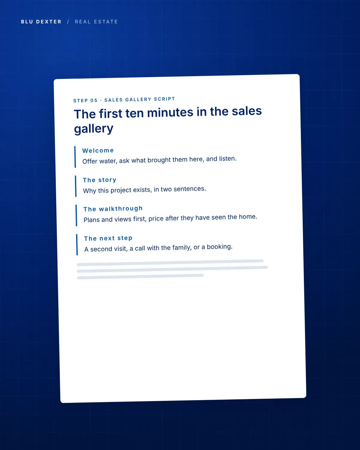 Step 5, Sales Gallery: Sales gallery script for the first ten minutes