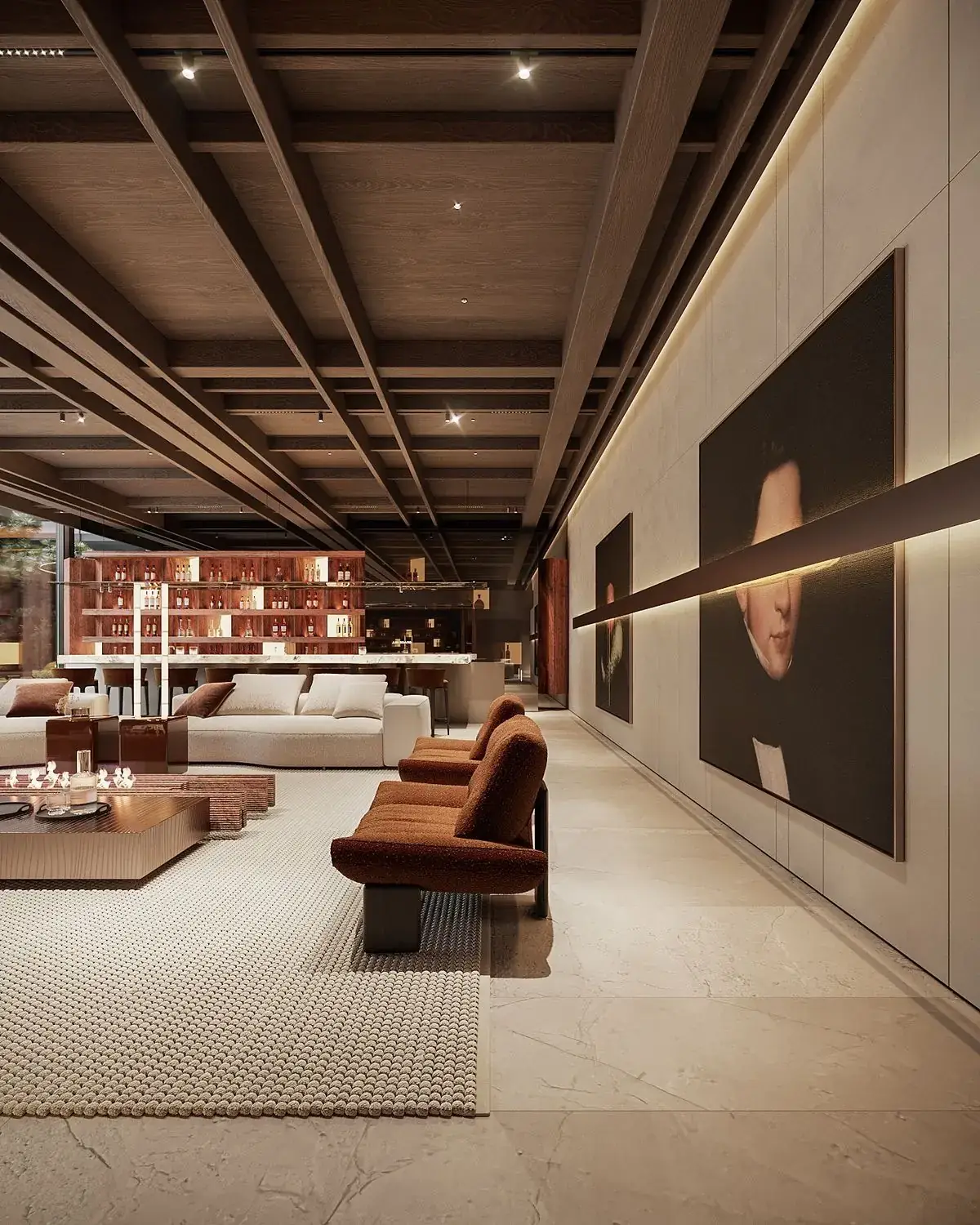 Residents' lounge with a bar, armchairs and large portraits