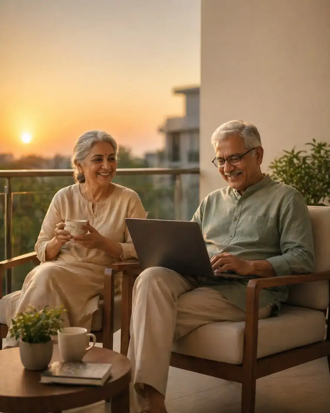 Senior couple relaxing on their home balcony at sunset