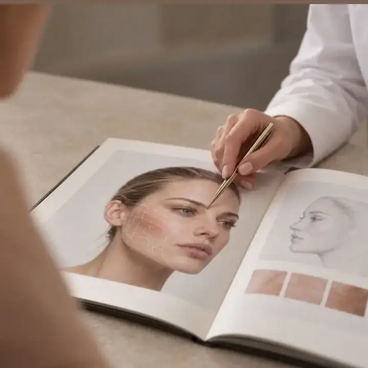 Clinician mapping facial features during a skin consultation