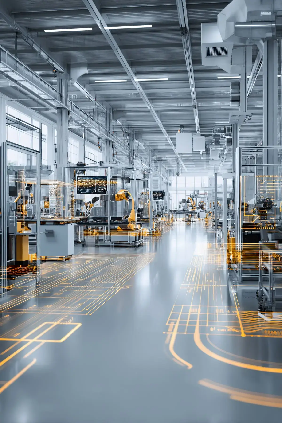 Automated factory floor with robotic production cells