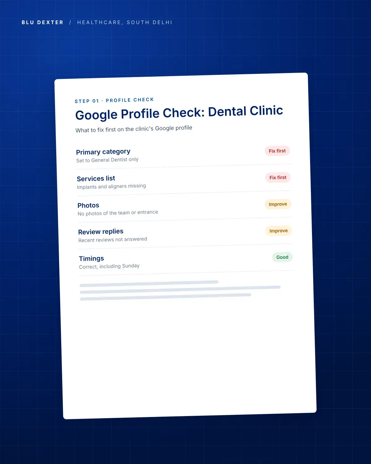 Step 1, Profile Check: Google profile check for a dental clinic