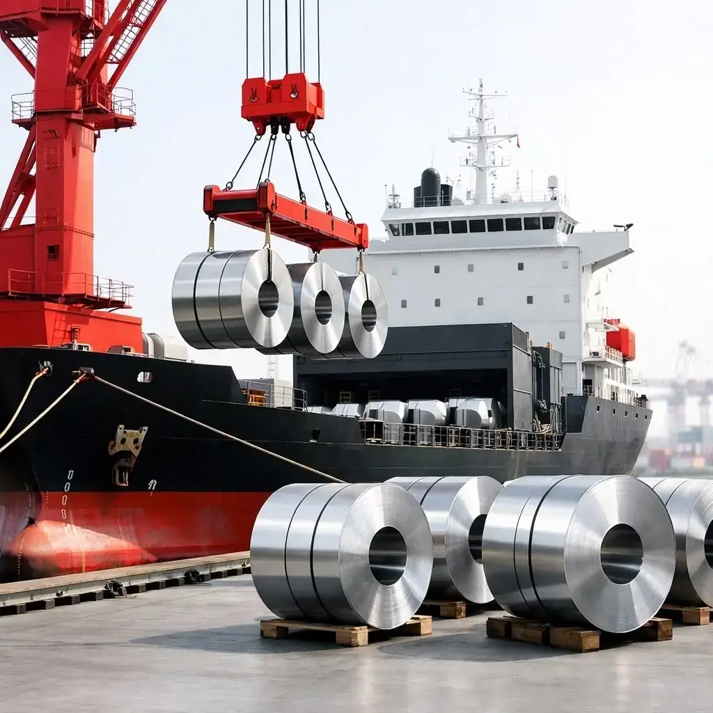 Steel coils being loaded onto a cargo ship