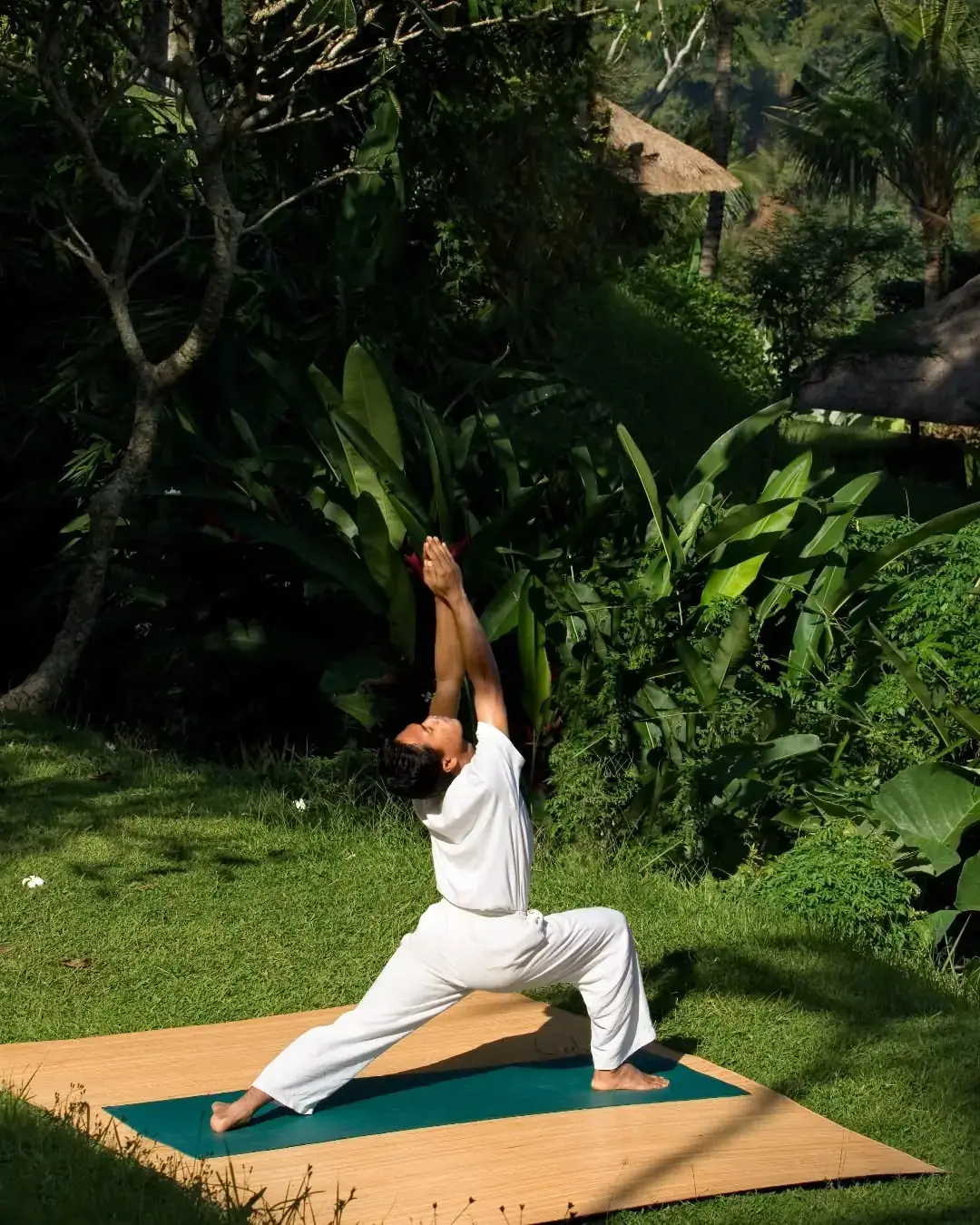Yoga practice on a mat in a tropical garden